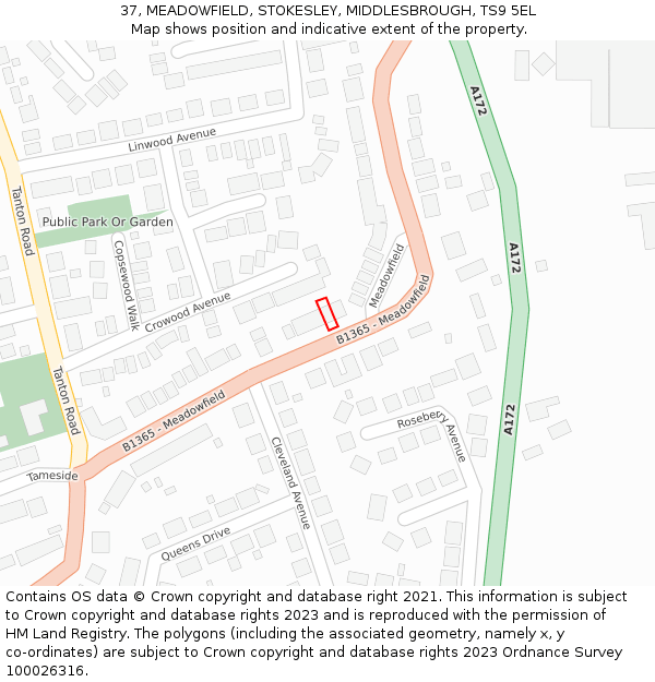 37, MEADOWFIELD, STOKESLEY, MIDDLESBROUGH, TS9 5EL: Location map and indicative extent of plot