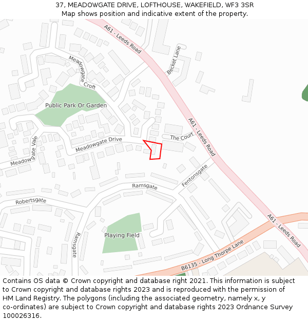 37, MEADOWGATE DRIVE, LOFTHOUSE, WAKEFIELD, WF3 3SR: Location map and indicative extent of plot