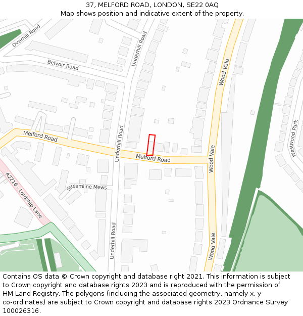 37, MELFORD ROAD, LONDON, SE22 0AQ: Location map and indicative extent of plot