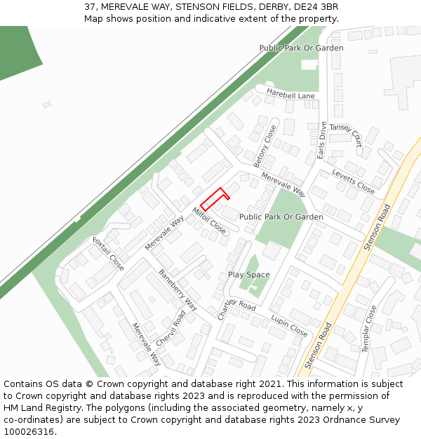 37, MEREVALE WAY, STENSON FIELDS, DERBY, DE24 3BR: Location map and indicative extent of plot