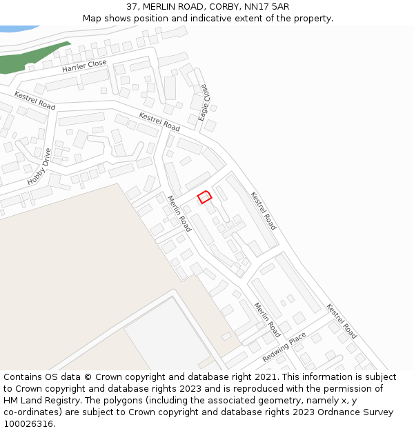 37, MERLIN ROAD, CORBY, NN17 5AR: Location map and indicative extent of plot