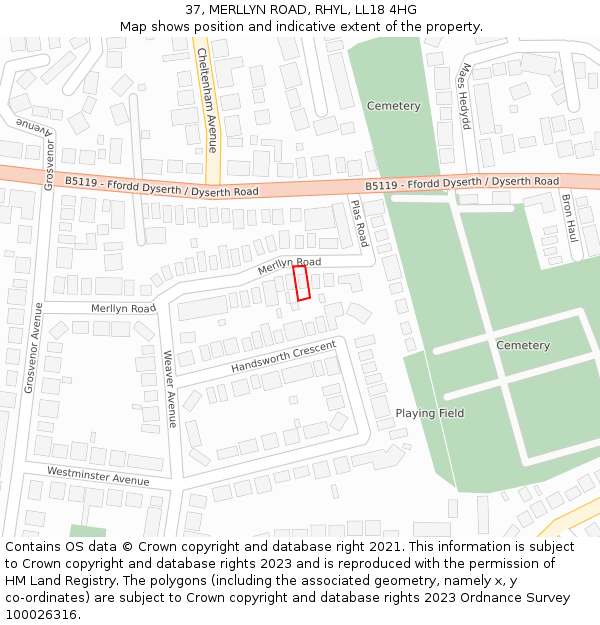 37, MERLLYN ROAD, RHYL, LL18 4HG: Location map and indicative extent of plot