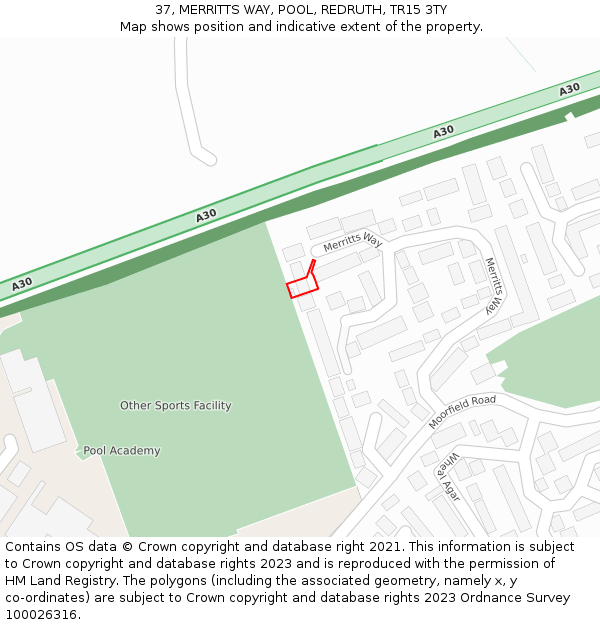 37, MERRITTS WAY, POOL, REDRUTH, TR15 3TY: Location map and indicative extent of plot