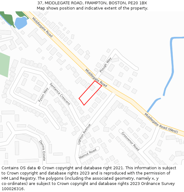 37, MIDDLEGATE ROAD, FRAMPTON, BOSTON, PE20 1BX: Location map and indicative extent of plot