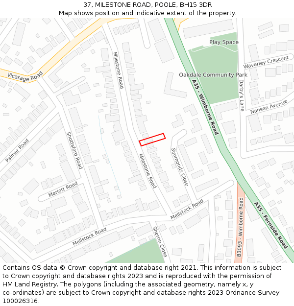 37, MILESTONE ROAD, POOLE, BH15 3DR: Location map and indicative extent of plot