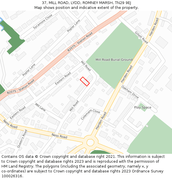 37, MILL ROAD, LYDD, ROMNEY MARSH, TN29 9EJ: Location map and indicative extent of plot