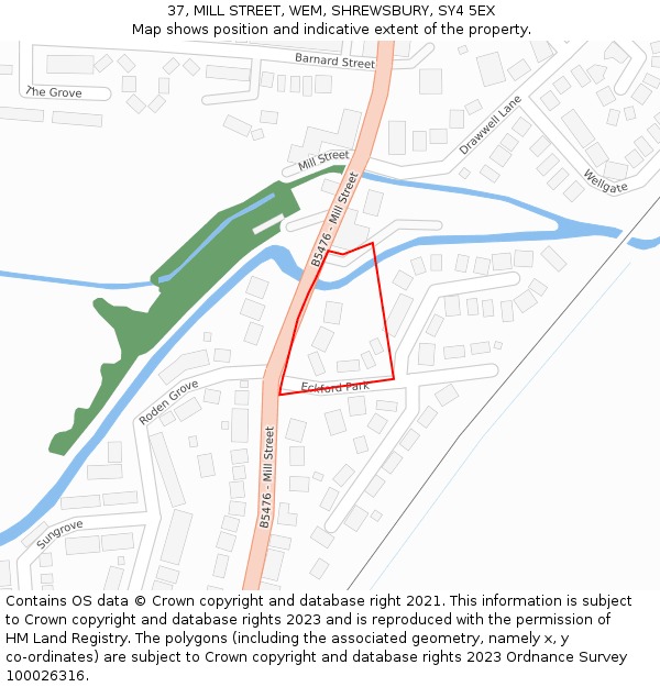 37, MILL STREET, WEM, SHREWSBURY, SY4 5EX: Location map and indicative extent of plot