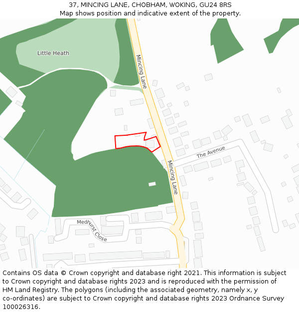 37, MINCING LANE, CHOBHAM, WOKING, GU24 8RS: Location map and indicative extent of plot