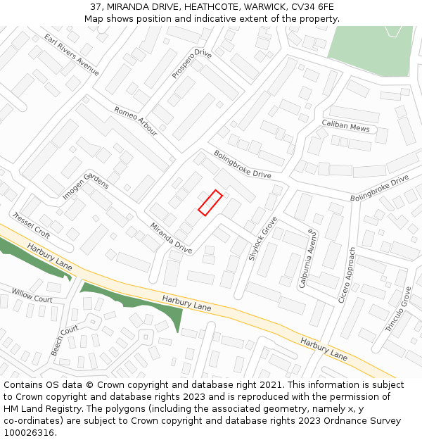 37, MIRANDA DRIVE, HEATHCOTE, WARWICK, CV34 6FE: Location map and indicative extent of plot