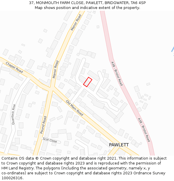 37, MONMOUTH FARM CLOSE, PAWLETT, BRIDGWATER, TA6 4SP: Location map and indicative extent of plot