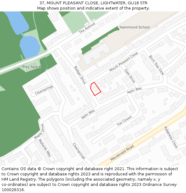 37, MOUNT PLEASANT CLOSE, LIGHTWATER, GU18 5TR: Location map and indicative extent of plot