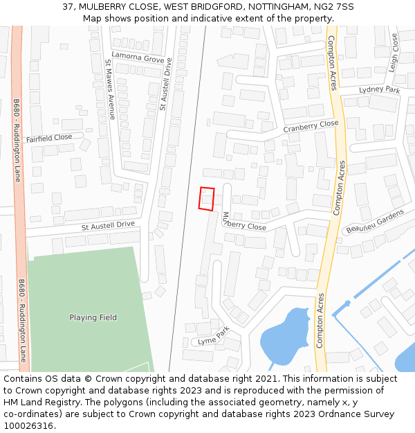 37, MULBERRY CLOSE, WEST BRIDGFORD, NOTTINGHAM, NG2 7SS: Location map and indicative extent of plot