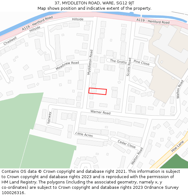 37, MYDDLETON ROAD, WARE, SG12 9JT: Location map and indicative extent of plot