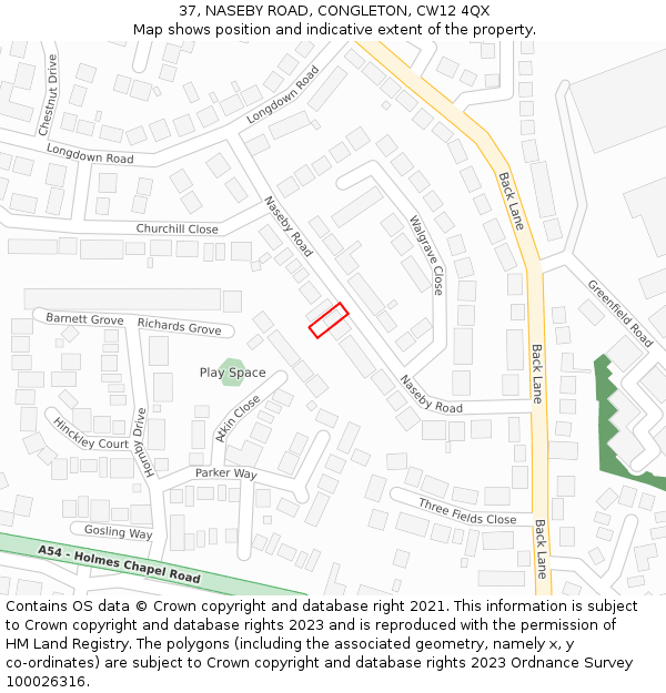 37, NASEBY ROAD, CONGLETON, CW12 4QX: Location map and indicative extent of plot