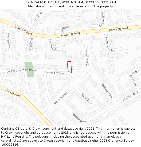37, NEWLAND AVENUE, WORLINGHAM, BECCLES, NR34 7AN: Location map and indicative extent of plot
