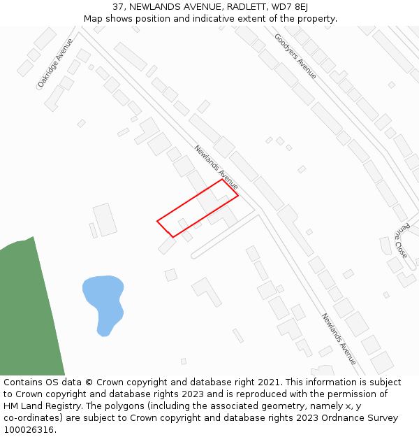 37, NEWLANDS AVENUE, RADLETT, WD7 8EJ: Location map and indicative extent of plot