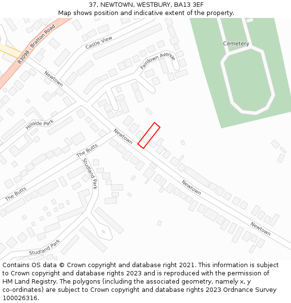 37, NEWTOWN, WESTBURY, BA13 3EF: Location map and indicative extent of plot