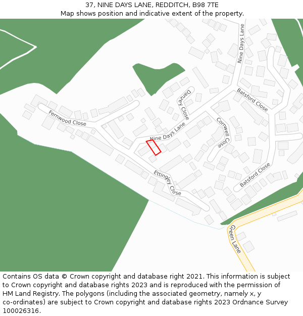 37, NINE DAYS LANE, REDDITCH, B98 7TE: Location map and indicative extent of plot