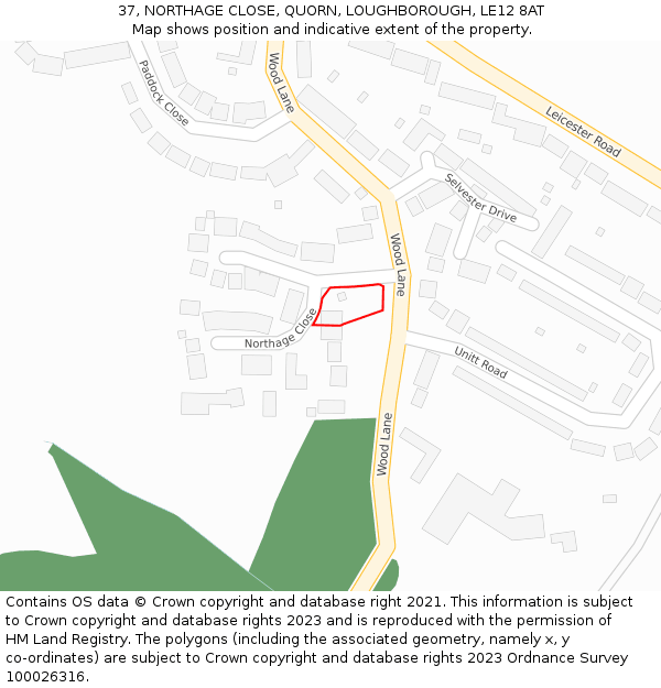 37, NORTHAGE CLOSE, QUORN, LOUGHBOROUGH, LE12 8AT: Location map and indicative extent of plot