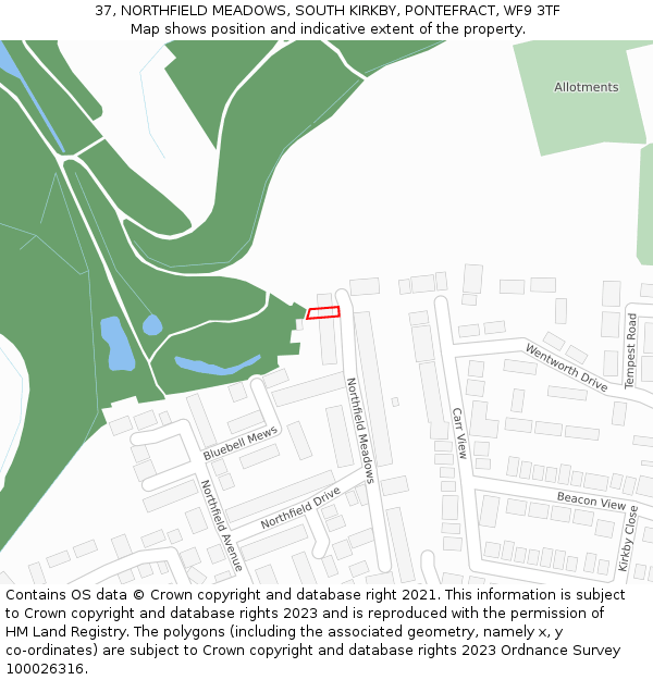 37, NORTHFIELD MEADOWS, SOUTH KIRKBY, PONTEFRACT, WF9 3TF: Location map and indicative extent of plot