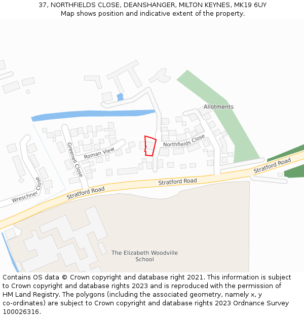37, NORTHFIELDS CLOSE, DEANSHANGER, MILTON KEYNES, MK19 6UY: Location map and indicative extent of plot