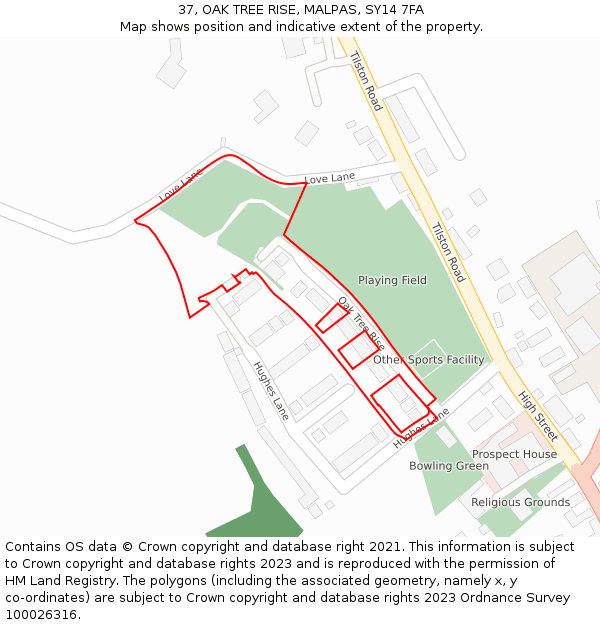 37, OAK TREE RISE, MALPAS, SY14 7FA: Location map and indicative extent of plot