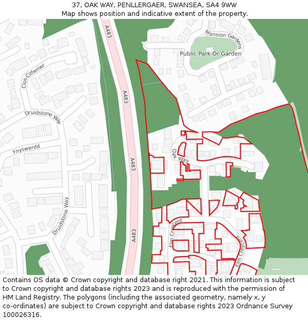 37, OAK WAY, PENLLERGAER, SWANSEA, SA4 9WW: Location map and indicative extent of plot