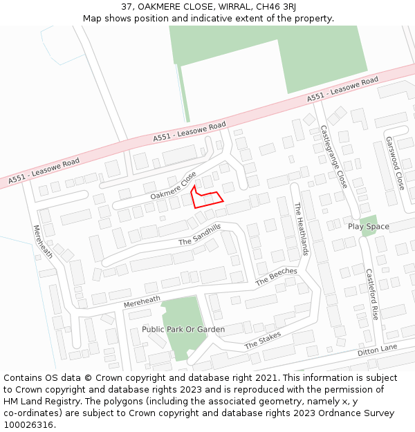 37, OAKMERE CLOSE, WIRRAL, CH46 3RJ: Location map and indicative extent of plot