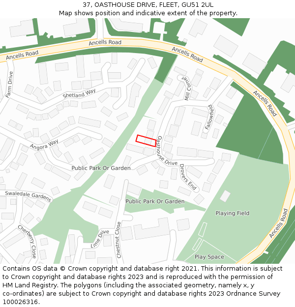 37, OASTHOUSE DRIVE, FLEET, GU51 2UL: Location map and indicative extent of plot