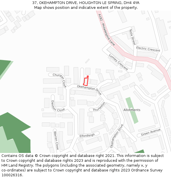 37, OKEHAMPTON DRIVE, HOUGHTON LE SPRING, DH4 4YA: Location map and indicative extent of plot