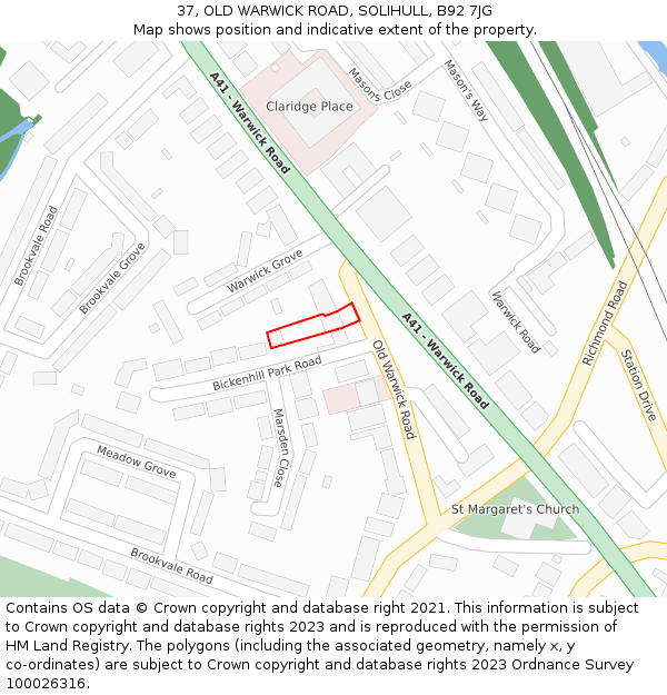 37, OLD WARWICK ROAD, SOLIHULL, B92 7JG: Location map and indicative extent of plot