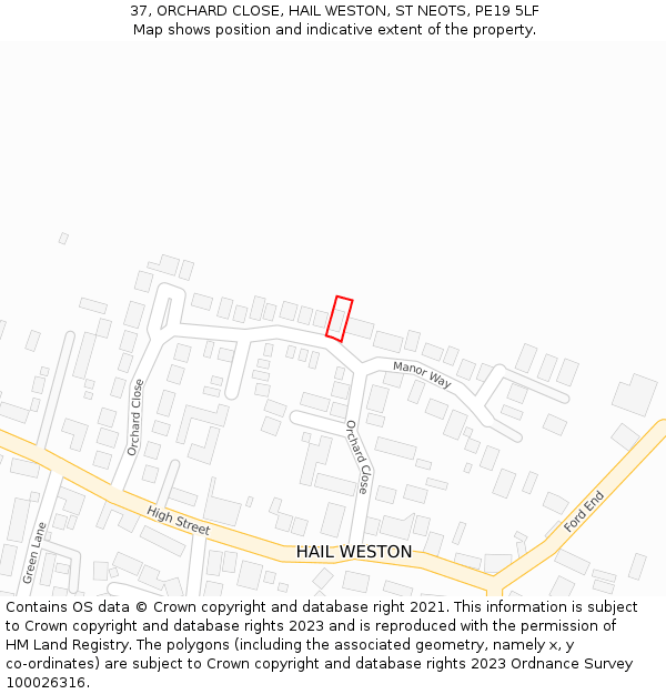 37, ORCHARD CLOSE, HAIL WESTON, ST NEOTS, PE19 5LF: Location map and indicative extent of plot