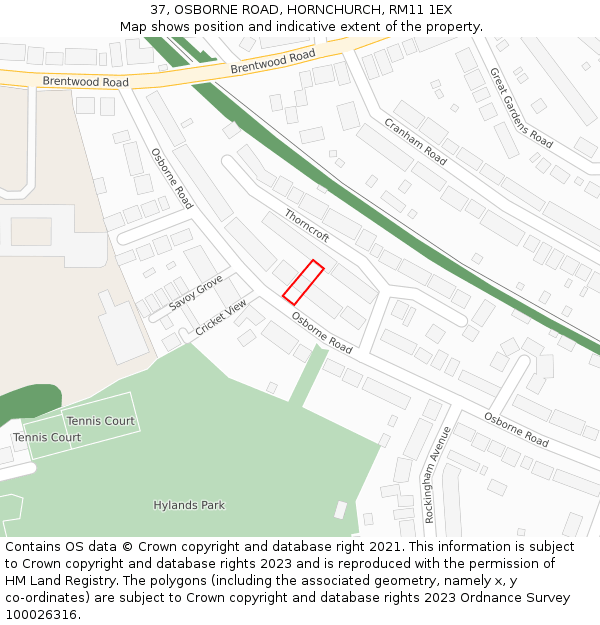 37, OSBORNE ROAD, HORNCHURCH, RM11 1EX: Location map and indicative extent of plot