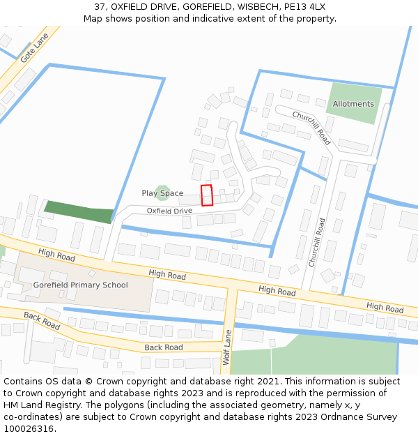 37, OXFIELD DRIVE, GOREFIELD, WISBECH, PE13 4LX: Location map and indicative extent of plot