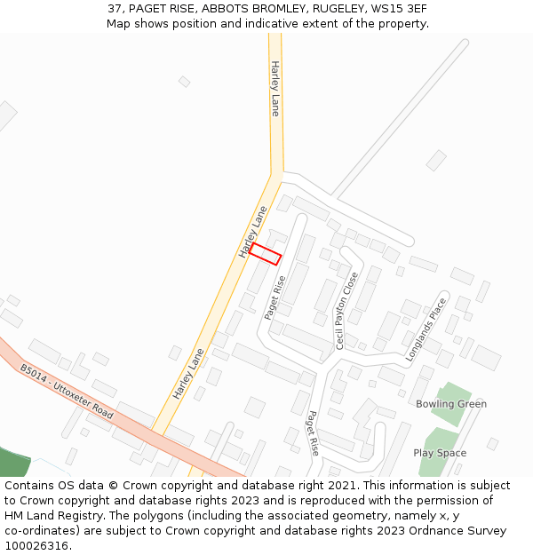 37, PAGET RISE, ABBOTS BROMLEY, RUGELEY, WS15 3EF: Location map and indicative extent of plot