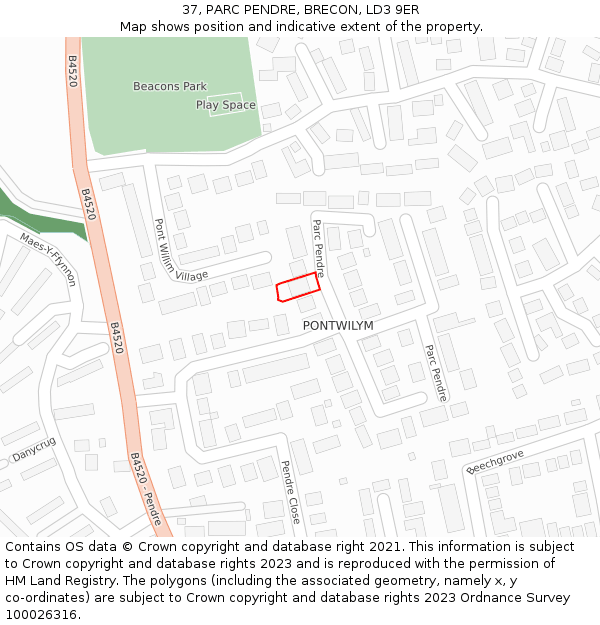 37, PARC PENDRE, BRECON, LD3 9ER: Location map and indicative extent of plot