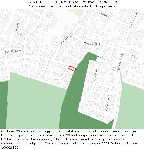 37, PASTURE CLOSE, ARMTHORPE, DONCASTER, DN3 3DQ: Location map and indicative extent of plot