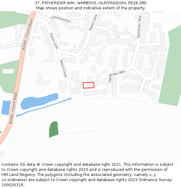 37, PATHFINDER WAY, WARBOYS, HUNTINGDON, PE28 2RD: Location map and indicative extent of plot