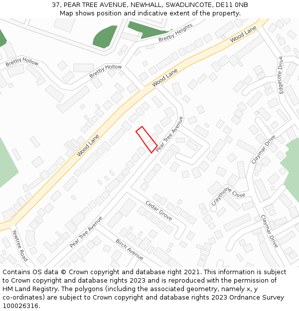 37, PEAR TREE AVENUE, NEWHALL, SWADLINCOTE, DE11 0NB: Location map and indicative extent of plot