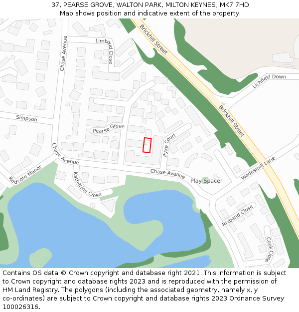 37, PEARSE GROVE, WALTON PARK, MILTON KEYNES, MK7 7HD: Location map and indicative extent of plot