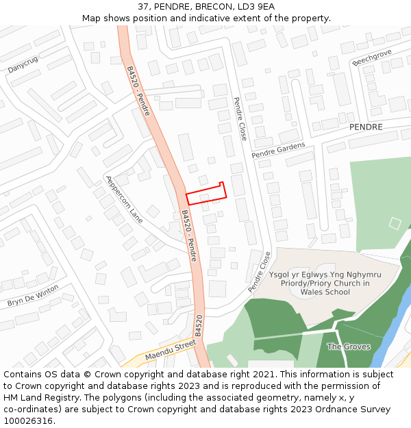 37, PENDRE, BRECON, LD3 9EA: Location map and indicative extent of plot