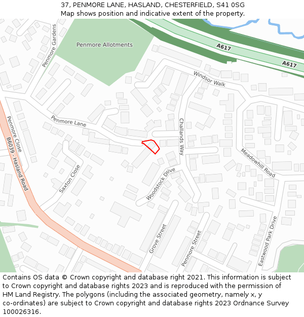 37, PENMORE LANE, HASLAND, CHESTERFIELD, S41 0SG: Location map and indicative extent of plot