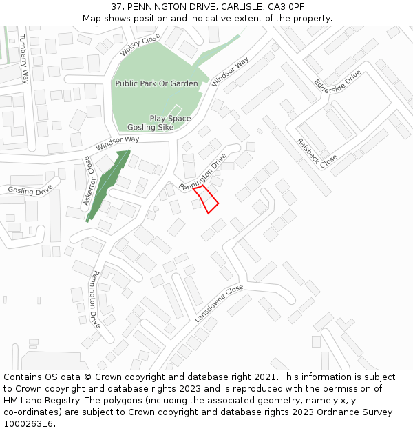 37, PENNINGTON DRIVE, CARLISLE, CA3 0PF: Location map and indicative extent of plot