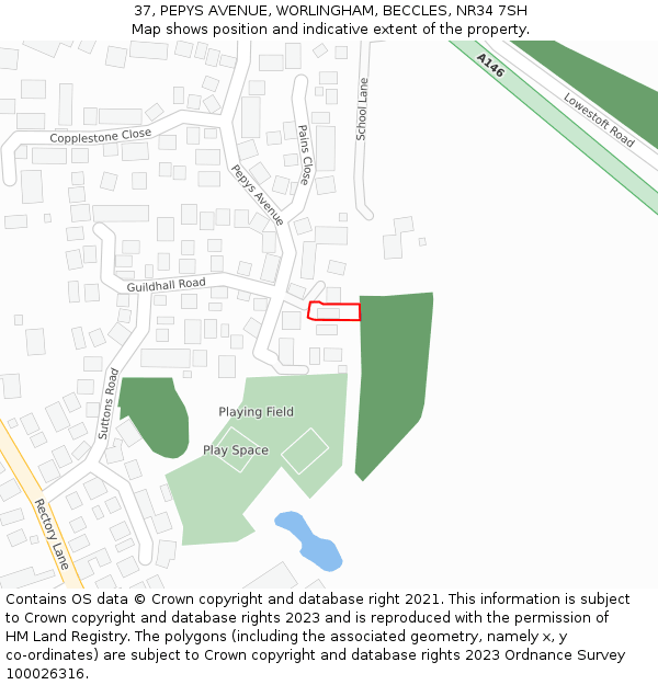 37, PEPYS AVENUE, WORLINGHAM, BECCLES, NR34 7SH: Location map and indicative extent of plot