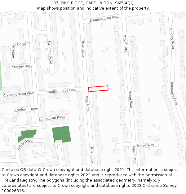 37, PINE RIDGE, CARSHALTON, SM5 4QQ: Location map and indicative extent of plot