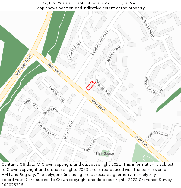 37, PINEWOOD CLOSE, NEWTON AYCLIFFE, DL5 4FE: Location map and indicative extent of plot