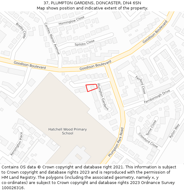 37, PLUMPTON GARDENS, DONCASTER, DN4 6SN: Location map and indicative extent of plot