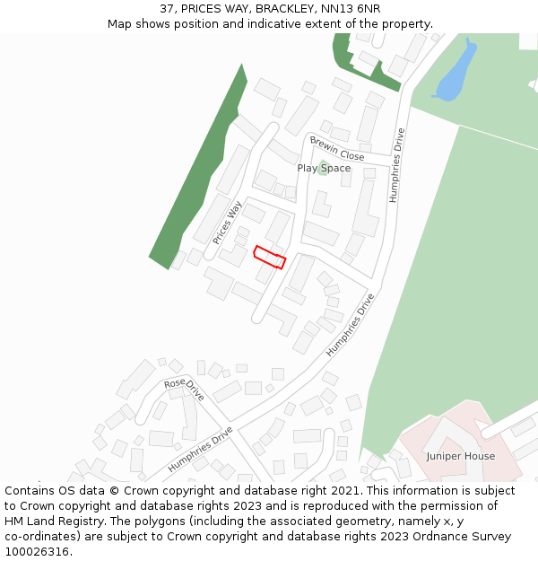 37, PRICES WAY, BRACKLEY, NN13 6NR: Location map and indicative extent of plot