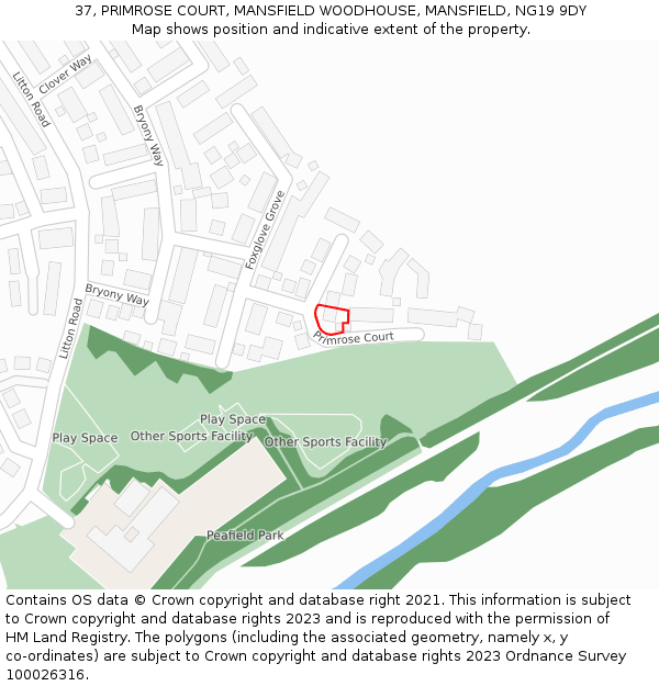 37, PRIMROSE COURT, MANSFIELD WOODHOUSE, MANSFIELD, NG19 9DY: Location map and indicative extent of plot