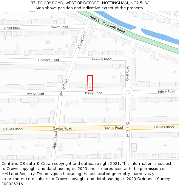 37, PRIORY ROAD, WEST BRIDGFORD, NOTTINGHAM, NG2 5HW: Location map and indicative extent of plot